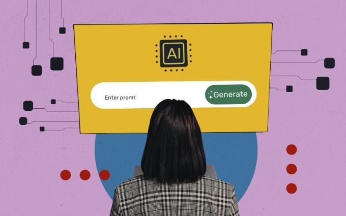 Artwork depicting woman at a computer screen with an AI chat bot and the words enter prompt, generate