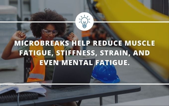 Graphic that reads "Microbreaks help reduce muscle fatigue, stiffness, strain, and even mental fatigue."