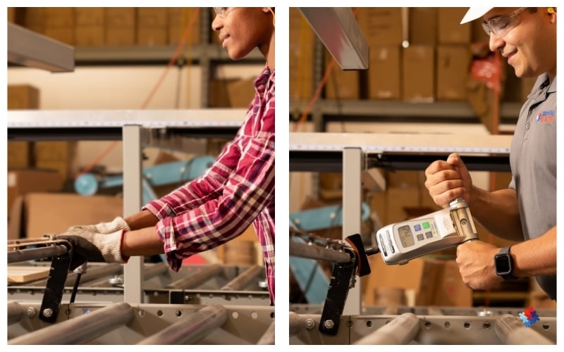 Side-by-side pictures showing an employee pushing a machine lever next to an image of the force required being measured and recorded.