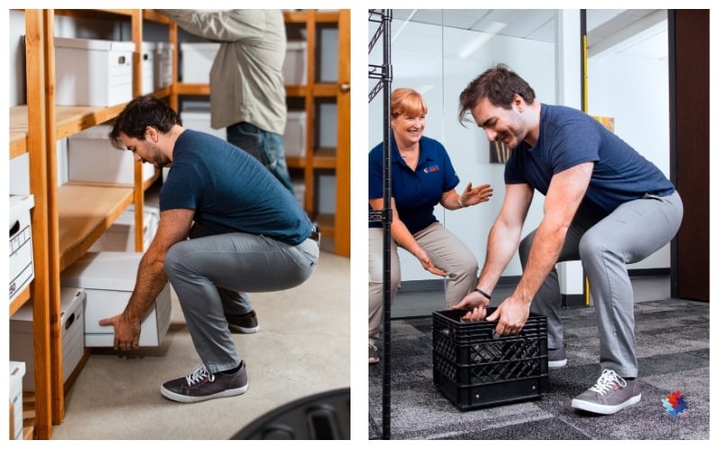 Side-by-side pictures showing an employee placing a file box on a low shelf next to an image of the same employee performing the task in a testing environment.